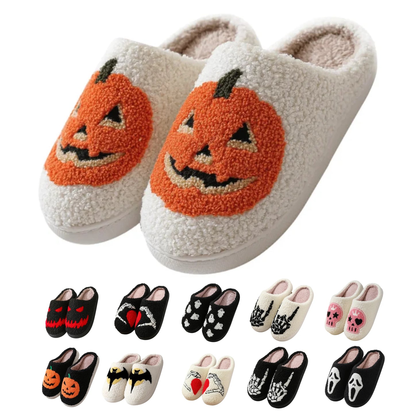 Cute Halloween Slippers for Women Perfect Soft Plush Comfy Warm Slip-On Halloween Pumpkin Slippers Fo Women Indoor Fluffy House Slippers for Women and Men Non-Slip Fuzzy Flat Slides