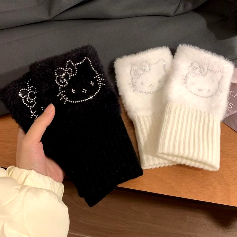 Hello Kitty Half Finger Gloves for Women Fashion Winter Warm Soft Knitting Gloves Casual Cartoon Fingerless Mitten Gifts