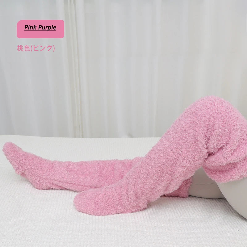 Fluffy Thigh High Socks Teddy Legs Snuggle Long Paws Fuzzy Leggings over Knee Slippers Hairy Stockings Floor Socks