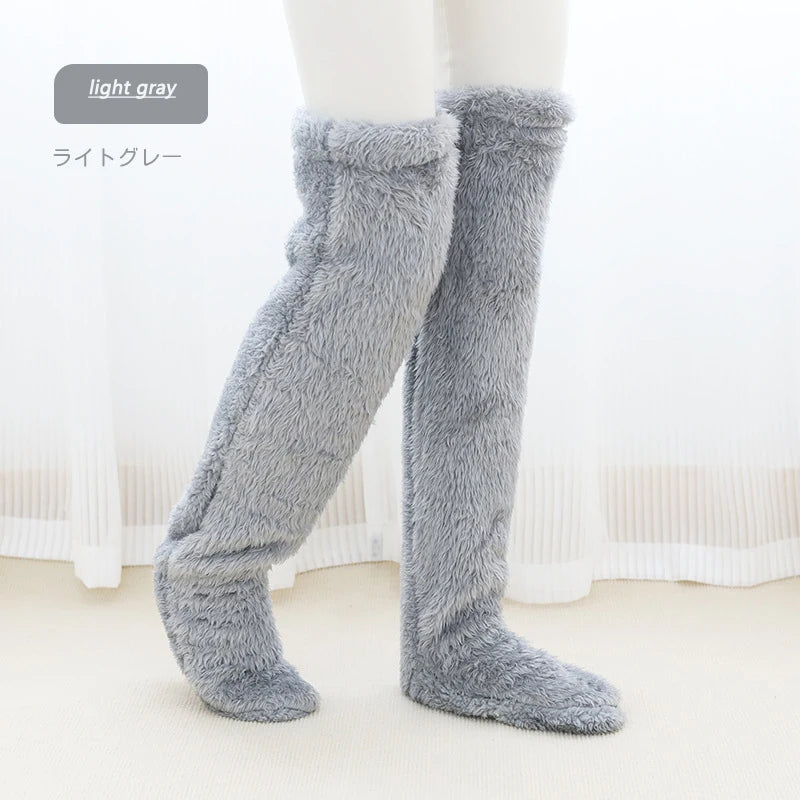 Fluffy Thigh High Socks Teddy Legs Snuggle Long Paws Fuzzy Leggings over Knee Slippers Hairy Stockings Floor Socks